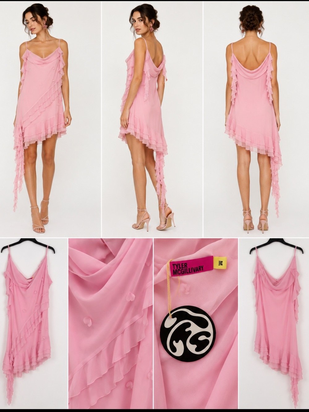 Tyler McGinnivary Pink Asymmetrical Ruffle Slip Dress